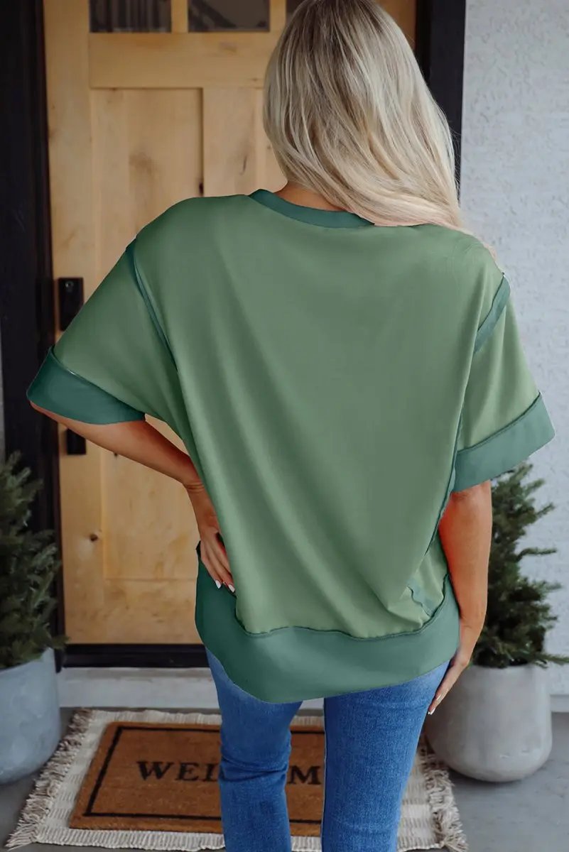 Smoke Green Half Sleeve Raw Seam High Low Side Split Top - Love Salve
